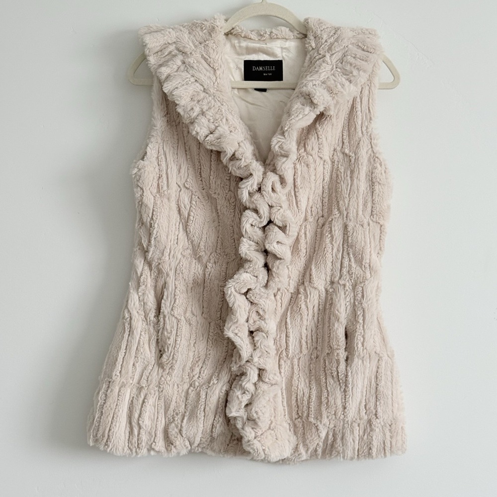 VTG Damselle New York Faux Fur Vest Chilli Woman xs Tan Beige Shawl‎ Collar